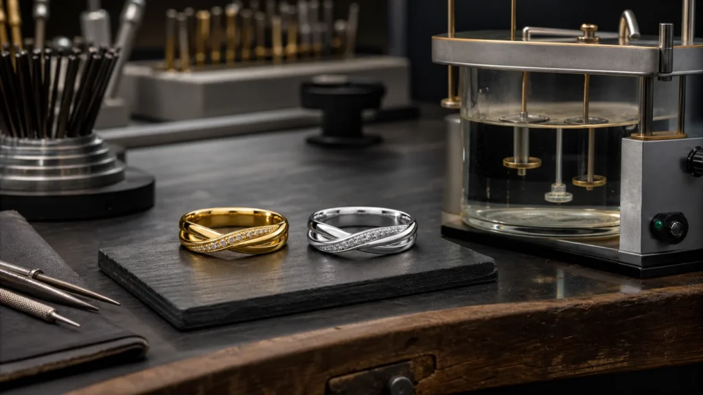 Yellow-gold and white-finished rings beside professional rhodium-plating equipment
