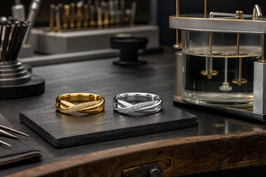 Yellow-gold and white-finished rings beside professional rhodium-plating equipment