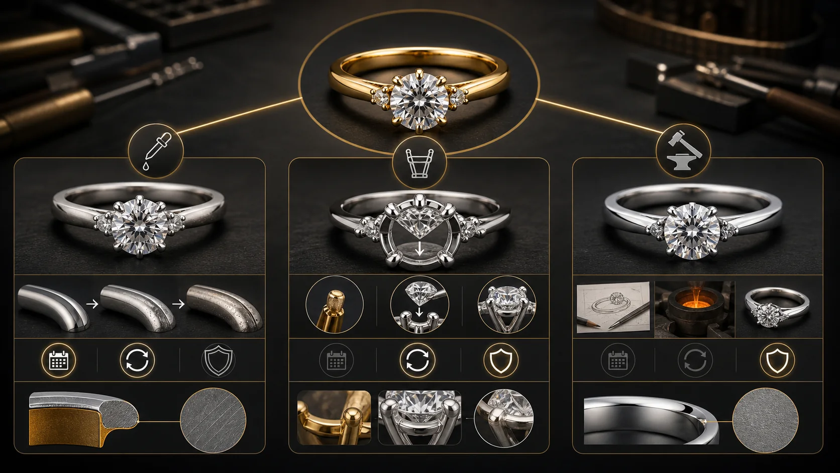Decision tree comparing rhodium plating, resetting, and remaking yellow gold jewelry