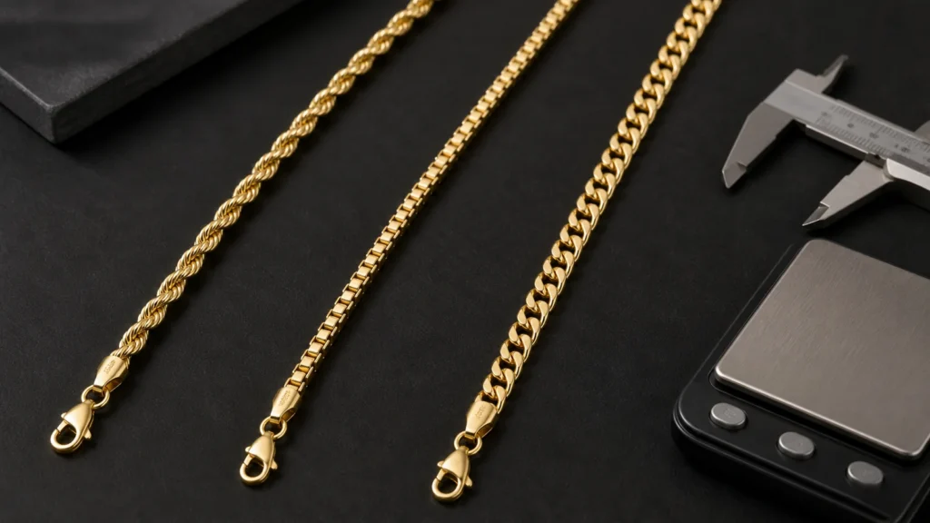 Three 14K gold rope chains beside a scale, ruler, clasp, and 14K hallmark card