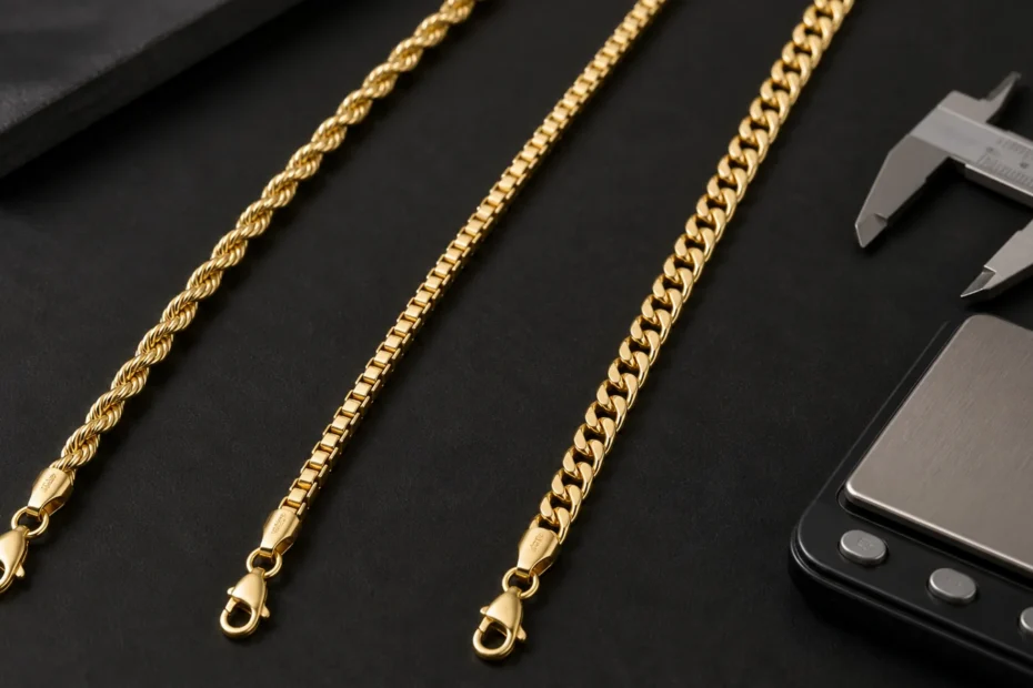 Three 14K gold rope chains beside a scale, ruler, clasp, and 14K hallmark card