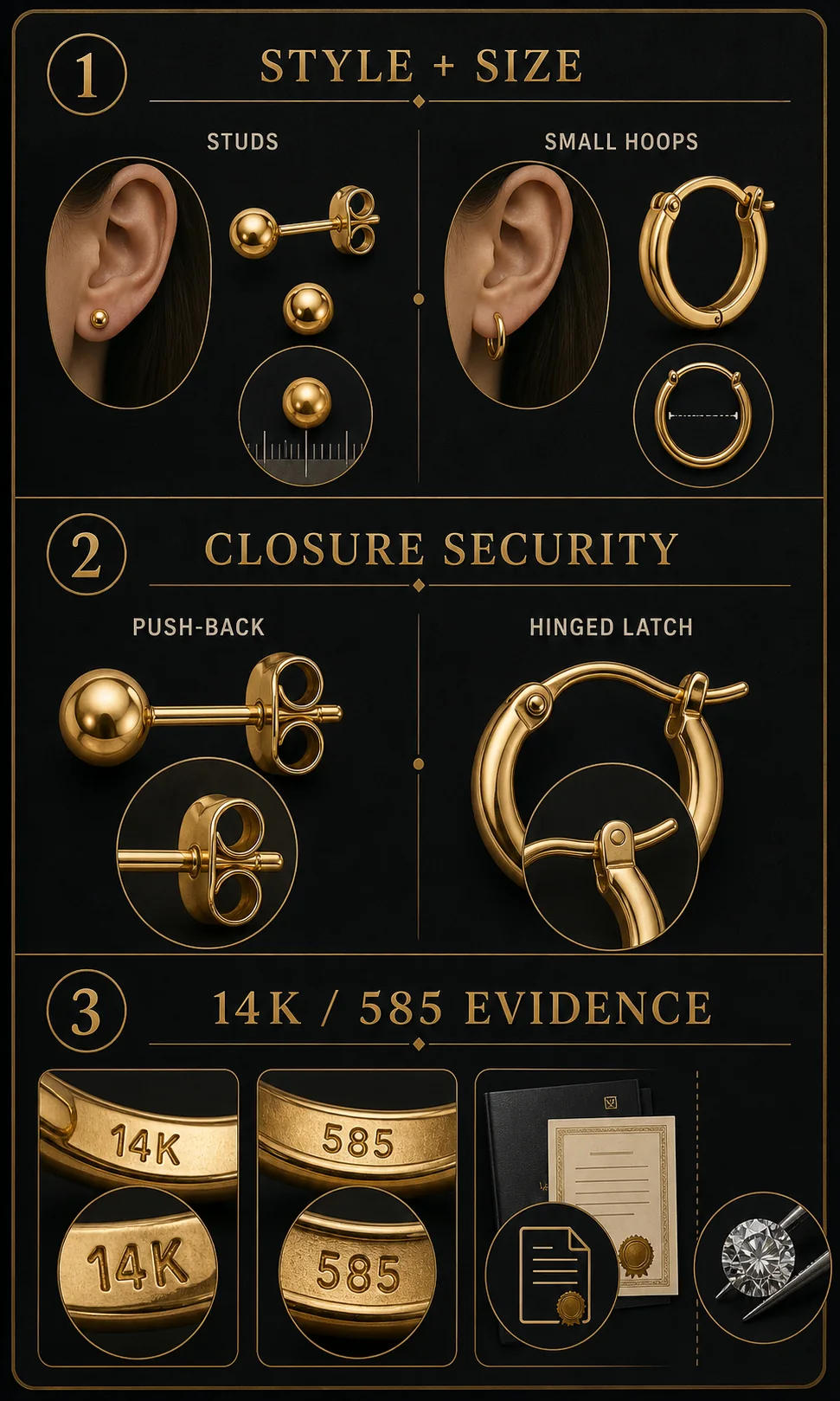 Infographic for choosing 14K gold earrings by style, closure, and hallmark evidence