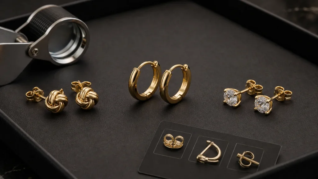 14K gold studs and hoop earrings beside closure, hallmark, and sizing checks