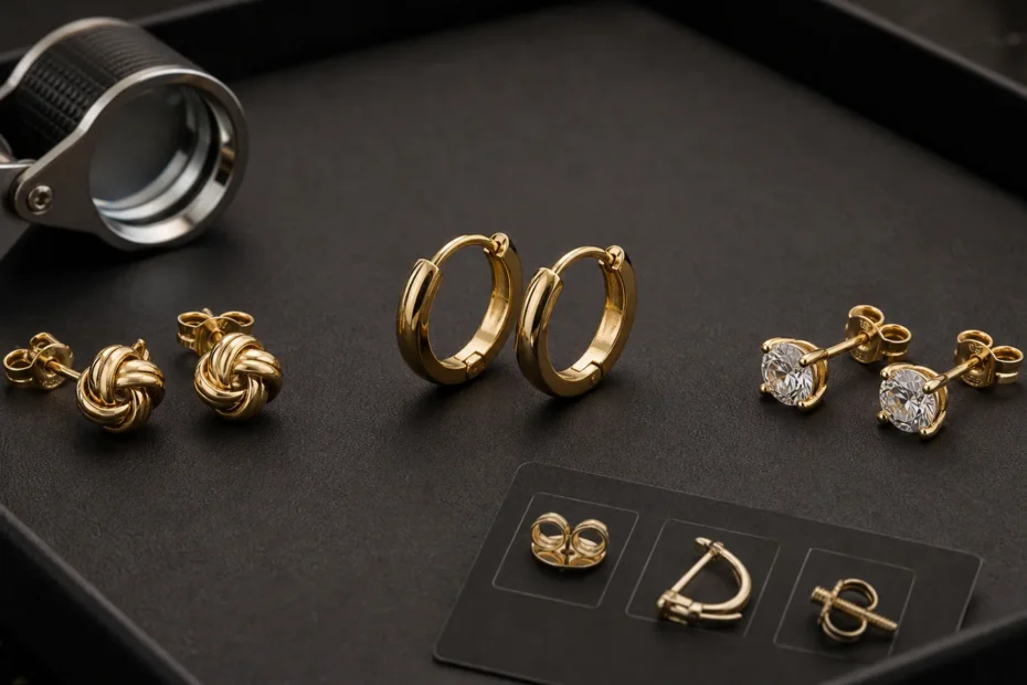14K gold studs and hoop earrings beside closure, hallmark, and sizing checks