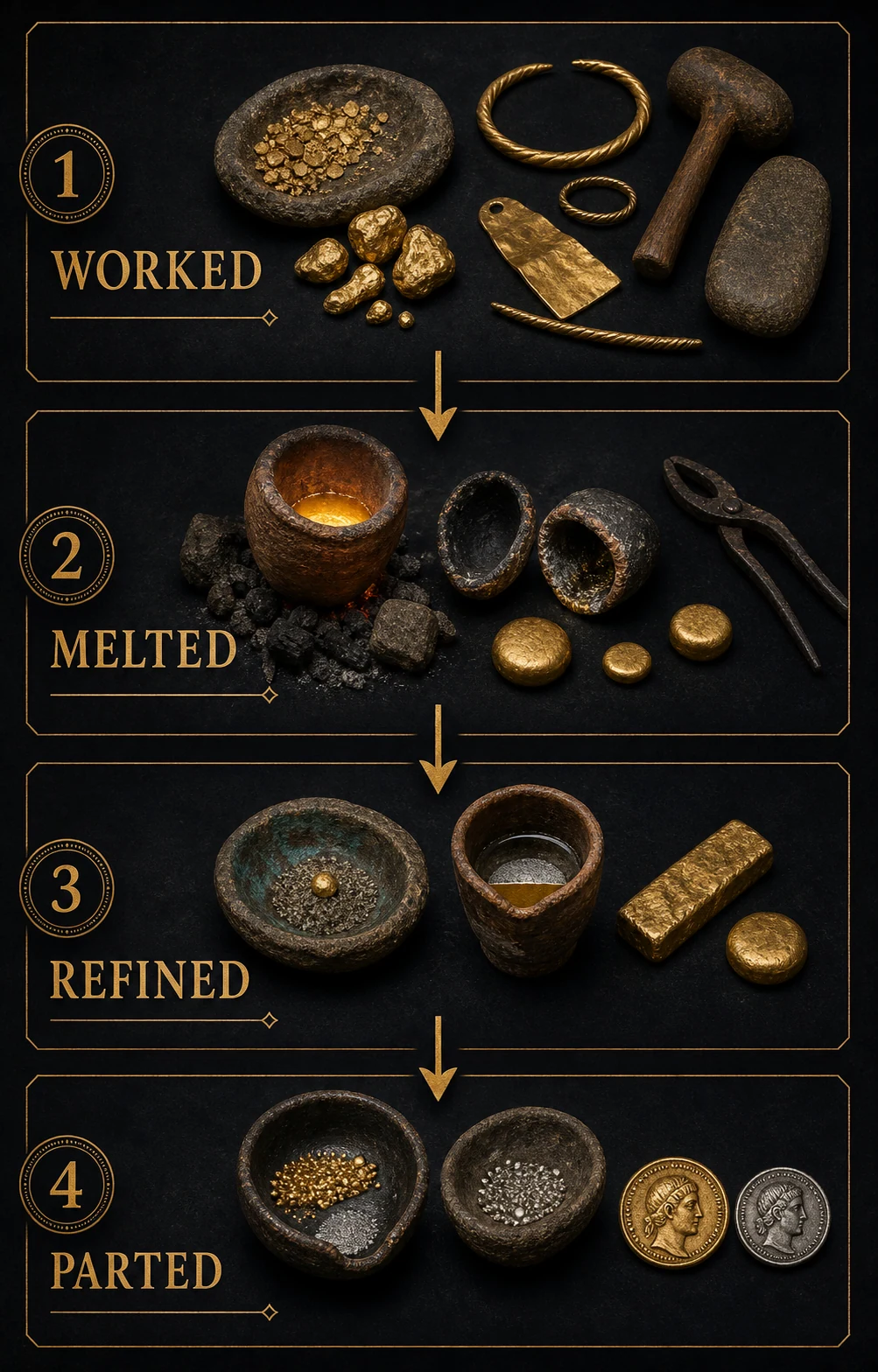 Infographic distinguishing working, melting, refining, and parting in ancient European gold production