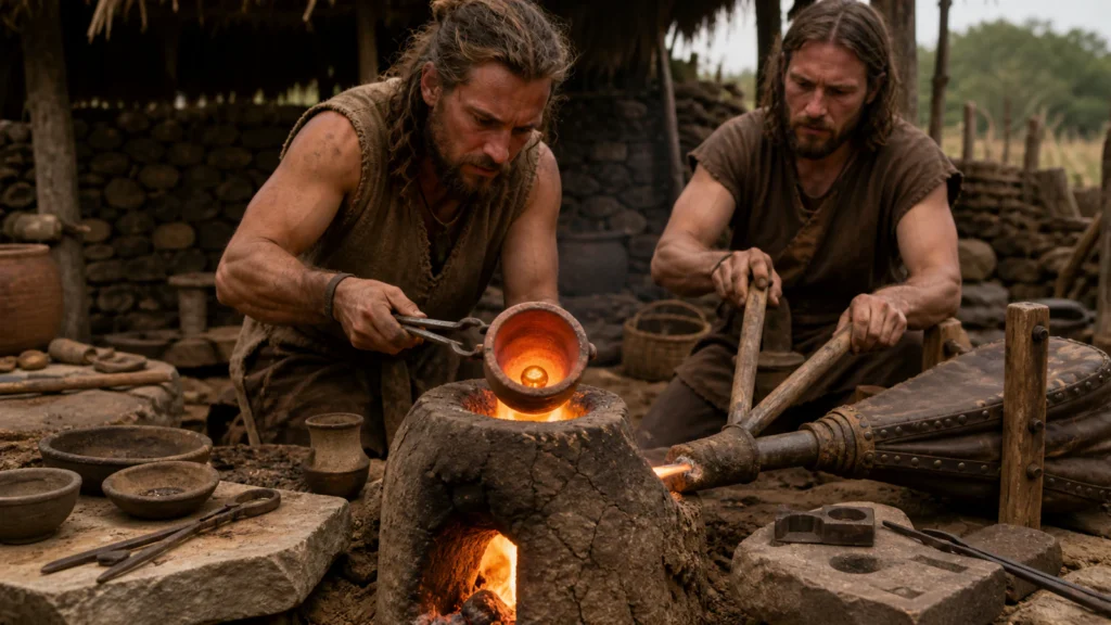 Experimental reconstruction of ancient European gold refining with a clay furnace, crucible and hand-operated bellows