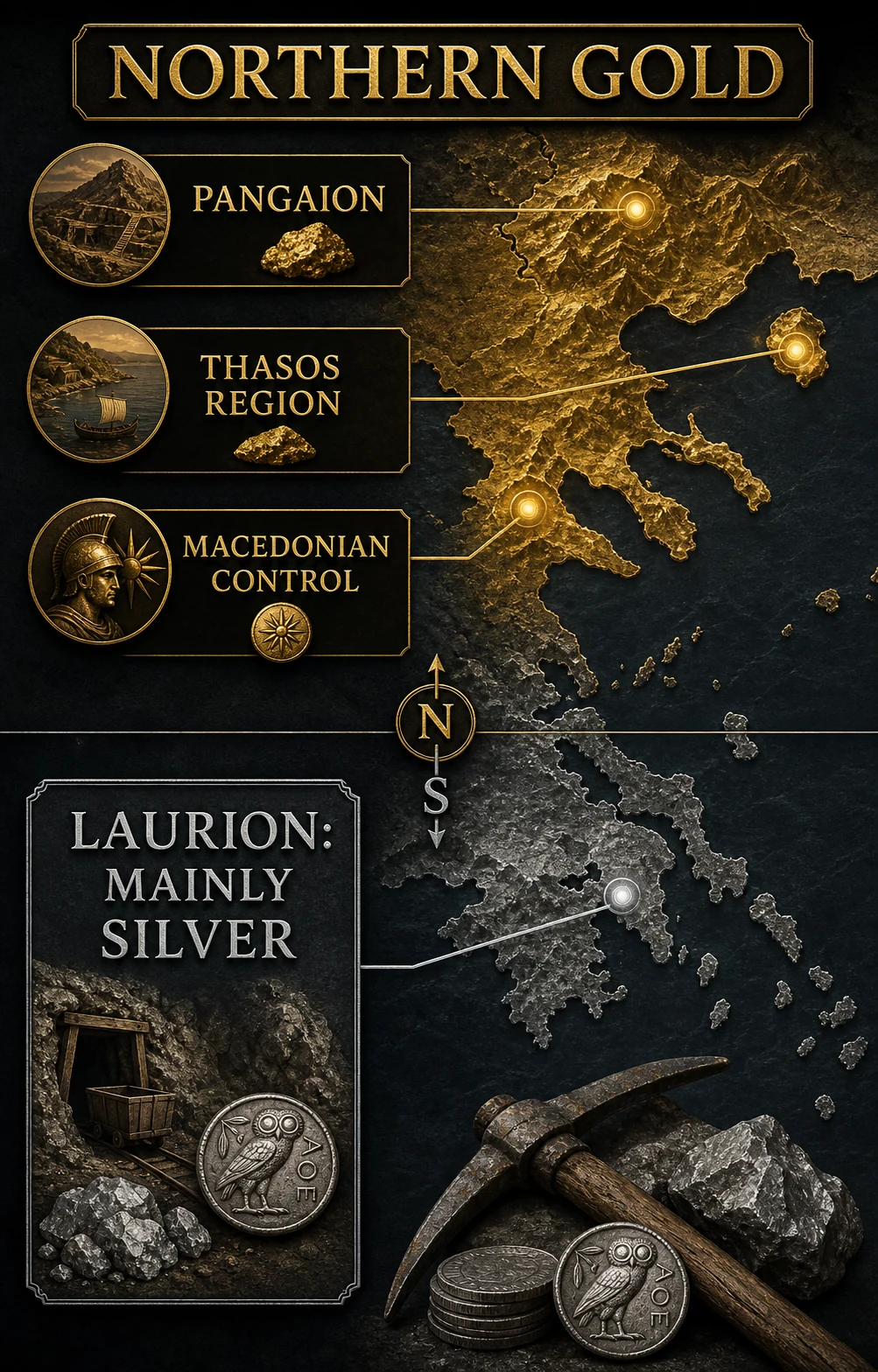 Infographic contrasting northern Greek gold districts around Pangaion and Thasos with the mainly silver mines at Laurion