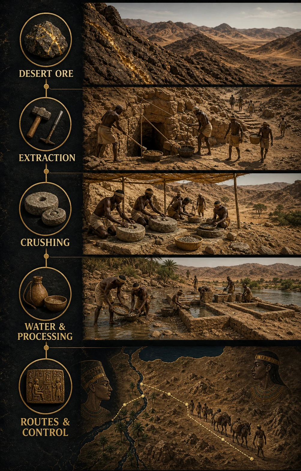 Infographic showing the ancient Nubian gold mining system from desert ore and extraction through crushing, water processing, routes, and political control