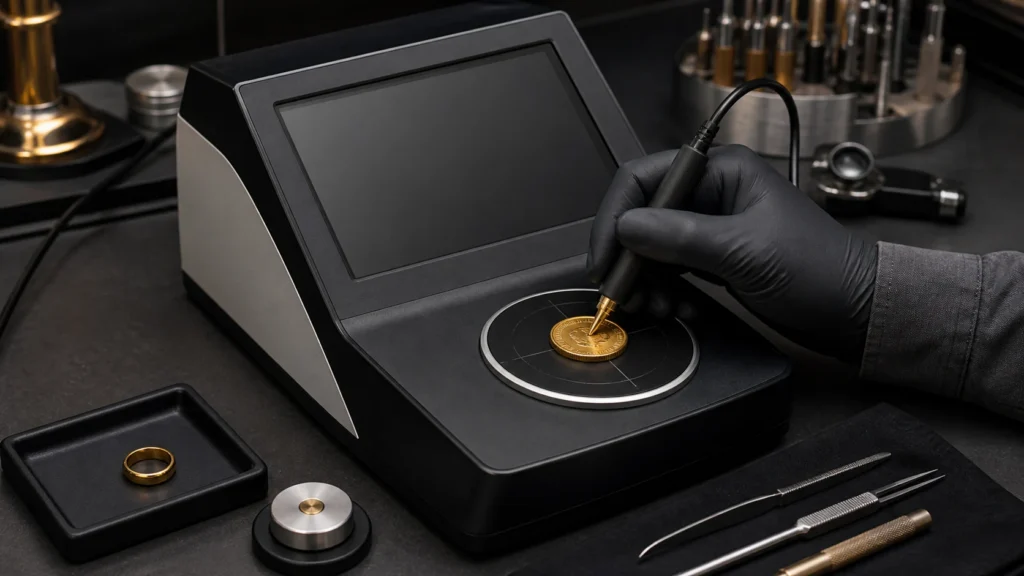 Electronic gold tester with probe beside a ring, bullion bar, caliper, and scale