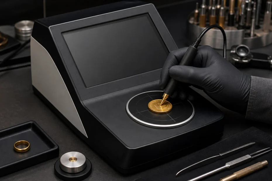 Electronic gold tester with probe beside a ring, bullion bar, caliper, and scale