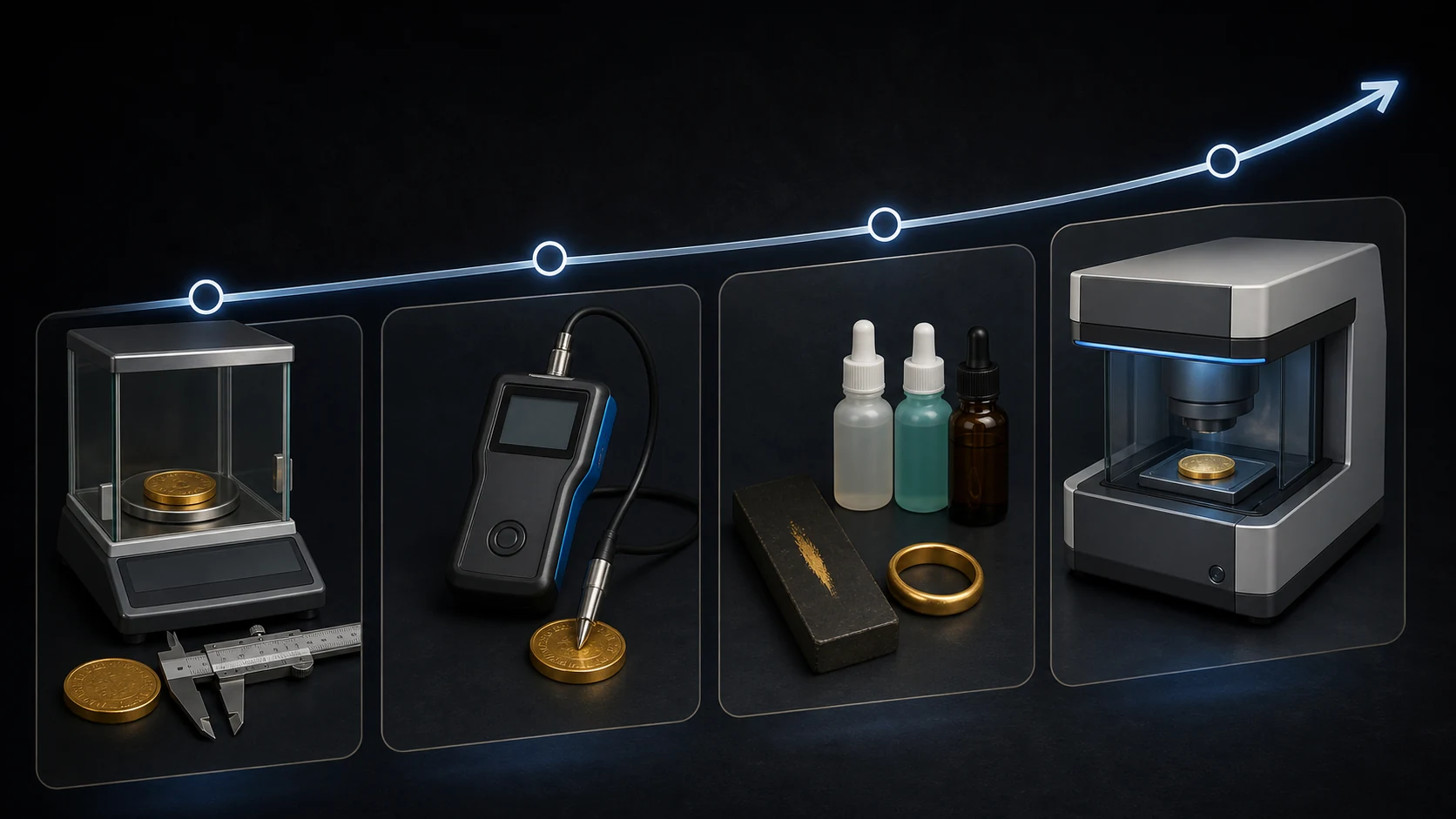 Four-stage verification ladder showing mass and dimensions, electronic conductivity, touchstone acid testing, and professional XRF analysis
