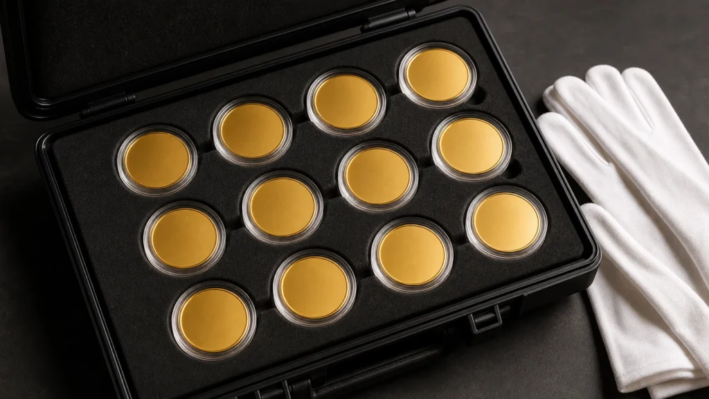 Blank gold rounds stored in individual clear capsules with a capsule box and cotton gloves
