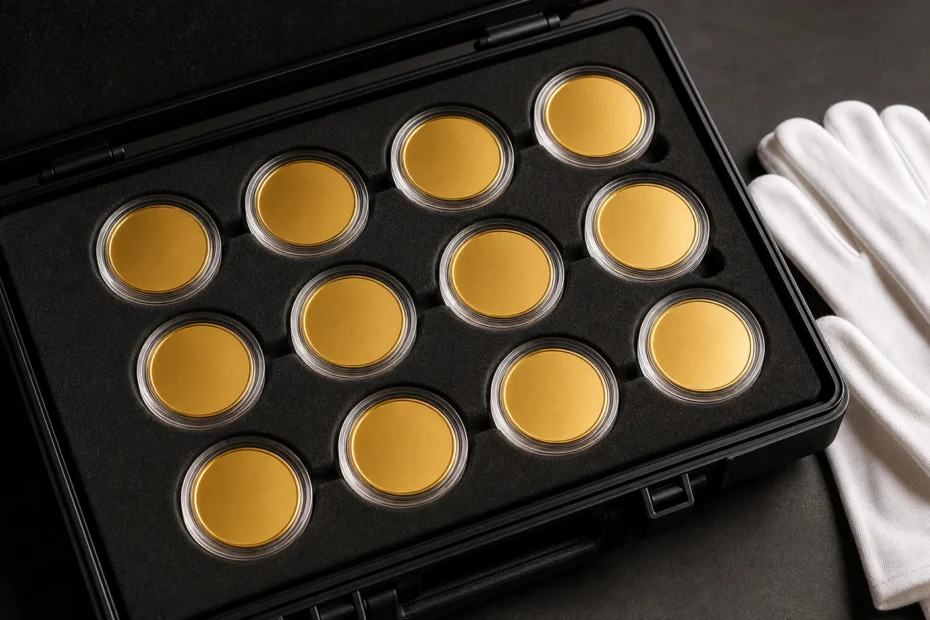 Blank gold rounds stored in individual clear capsules with a capsule box and cotton gloves