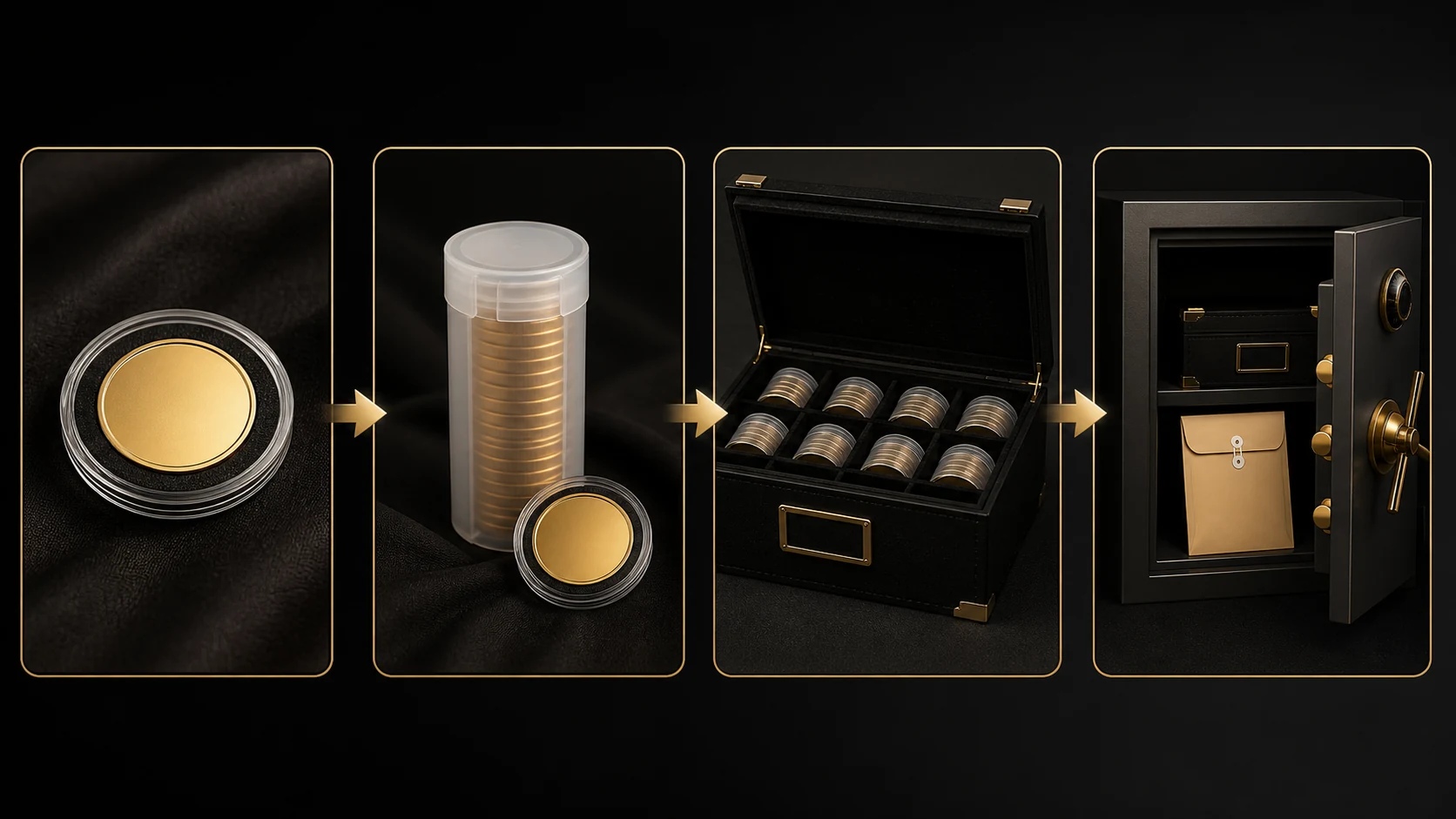 Four-stage gold coin storage system showing a clear capsule, coin tube, organizer box, and secure home safe