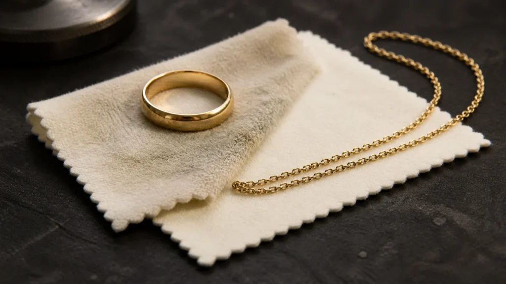 Gold polishing cloth beside a plain yellow-gold ring, white-gold ring, chain, and magnifying loupe