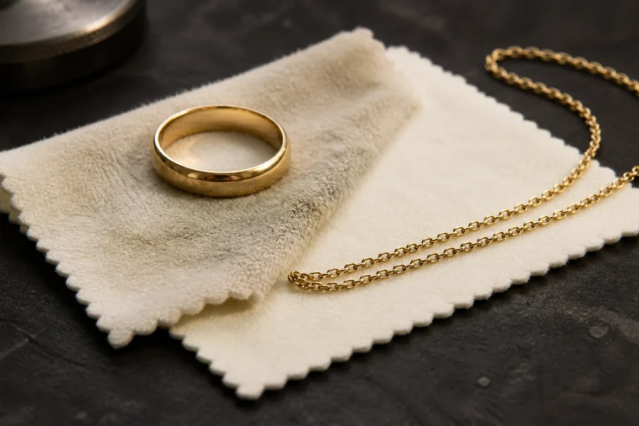 Gold polishing cloth beside a plain yellow-gold ring, white-gold ring, chain, and magnifying loupe