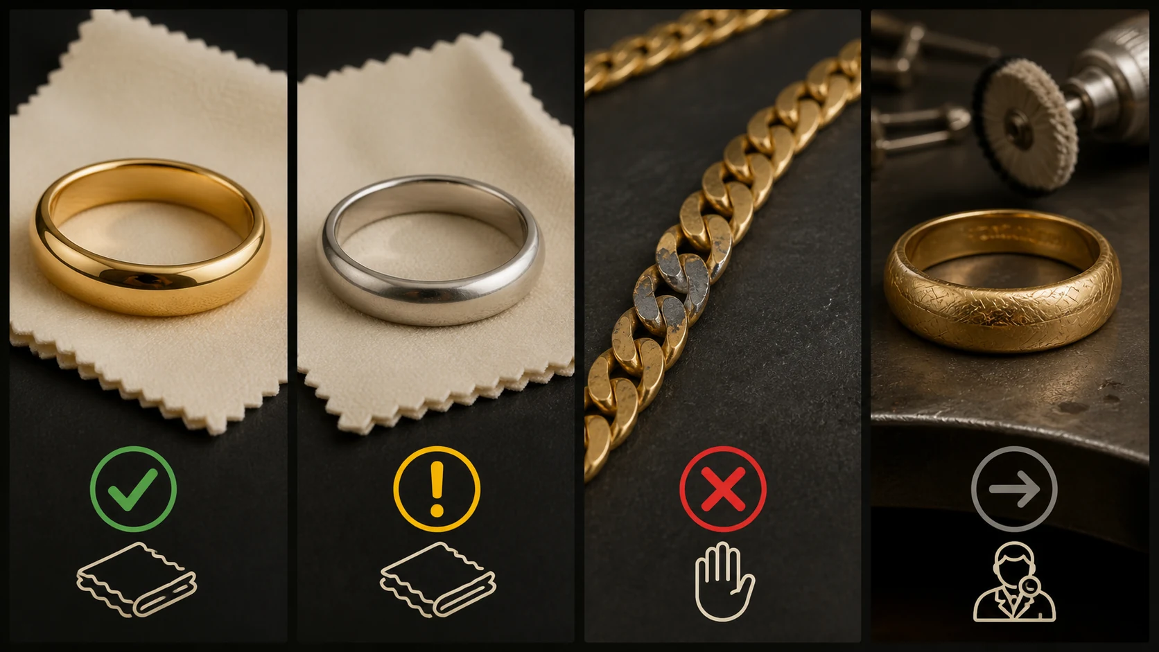 Four-panel gold polishing decision guide for solid yellow gold, white gold, worn plating, and deeply scratched jewelry