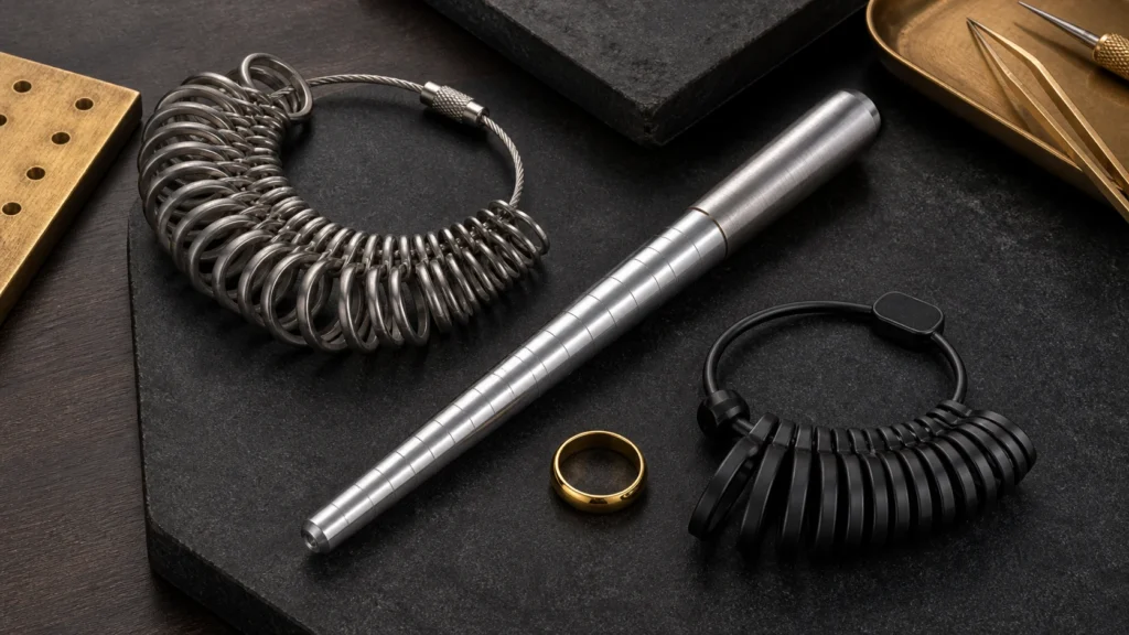 Metal ring gauges, sizing mandrel, reusable belt sizer, and gold rings on a jewelry bench