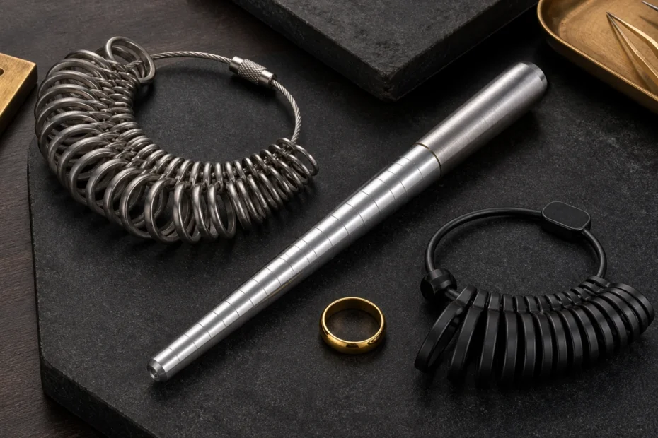 Metal ring gauges, sizing mandrel, reusable belt sizer, and gold rings on a jewelry bench