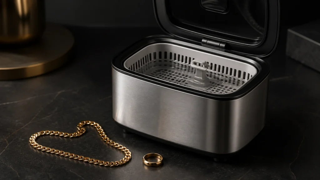 Ultrasonic jewelry cleaner beside plain gold rings, chain, and bracelet on a dark counter