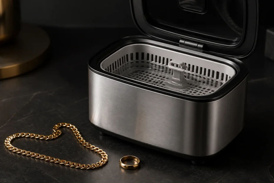 Ultrasonic jewelry cleaner beside plain gold rings, chain, and bracelet on a dark counter