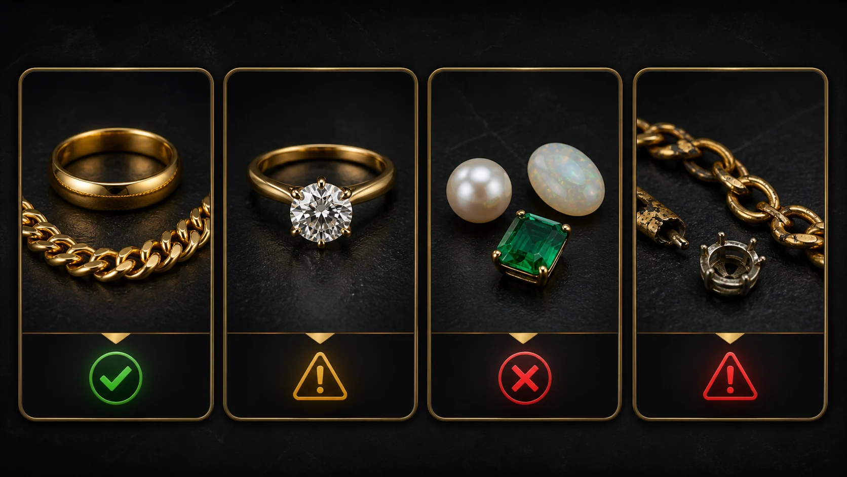 Four-panel safety guide for solid gold, securely set diamond jewelry, porous gemstones, and damaged or plated jewelry before ultrasonic cleaning