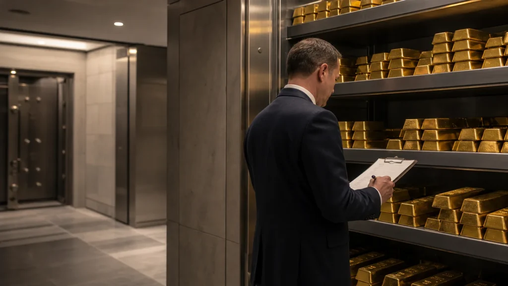 Central bank reserve manager reviewing gold bars in a secure institutional vault