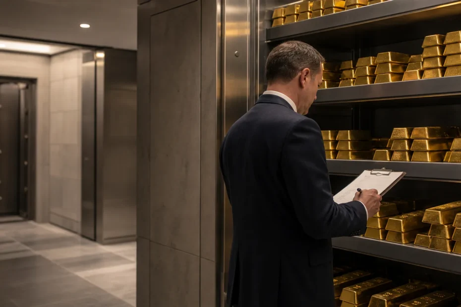 Central bank reserve manager reviewing gold bars in a secure institutional vault