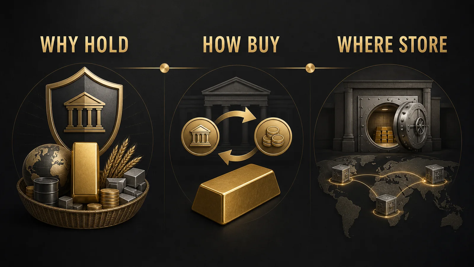 Infographic showing why central banks hold gold, how they buy it and where they store reserves