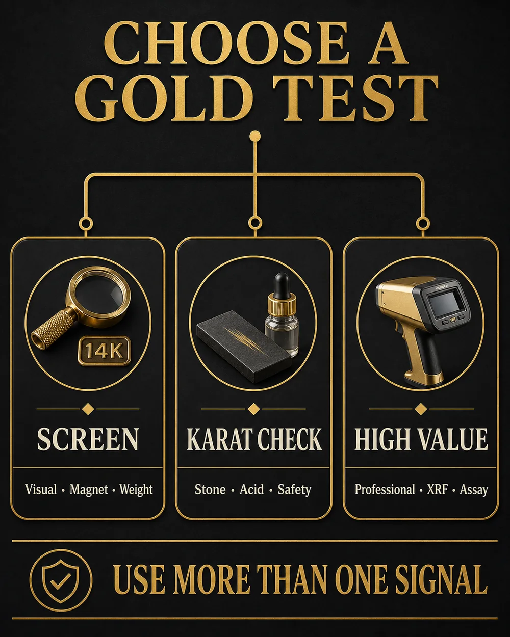 Decision guide comparing visual screening, touchstone acid tests and professional gold testing