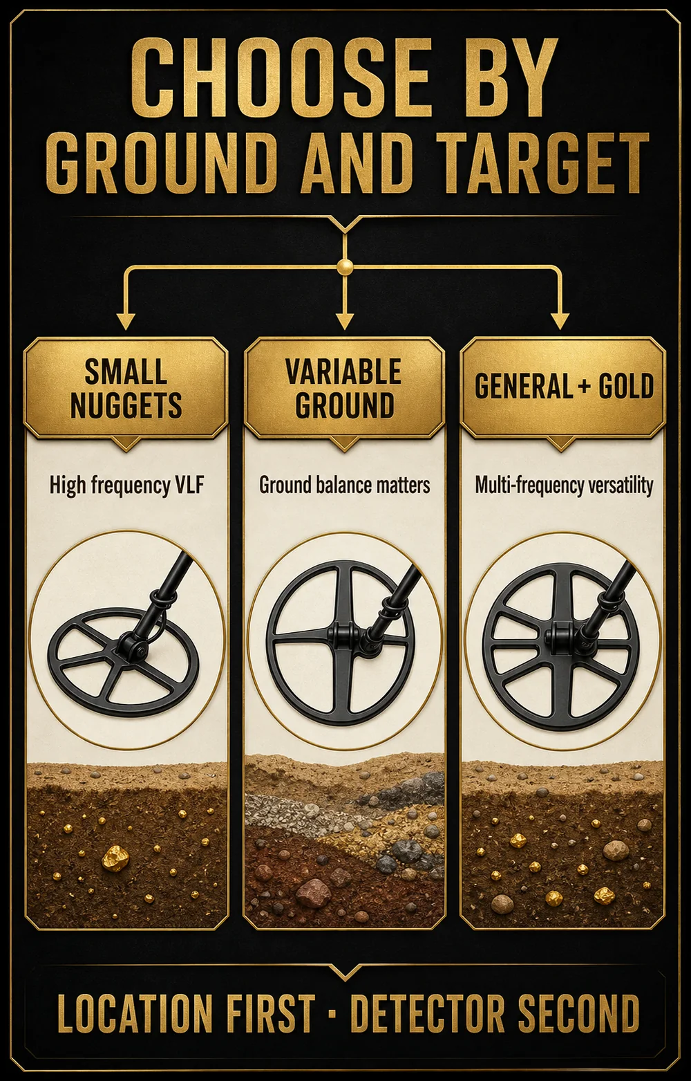 Decision guide for choosing a gold prospecting metal detector by nugget size, mineralized ground and general detecting needs