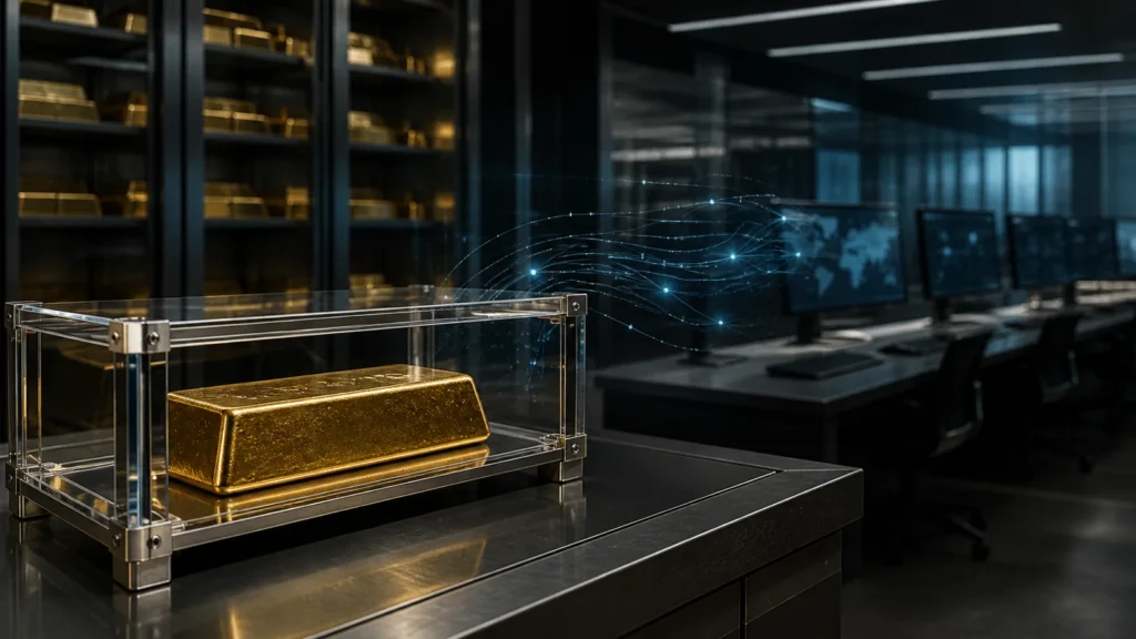 Secure physical gold bar connected to digital settlement and custody infrastructure