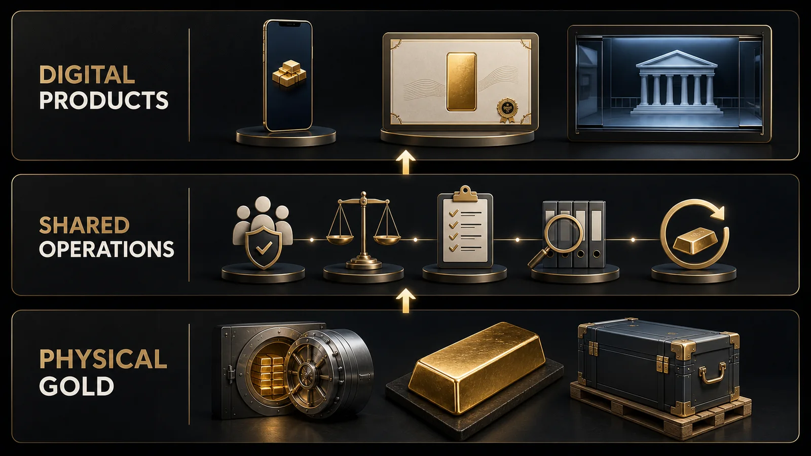 Three-layer Gold as a Service model showing physical gold, shared operations and digital products