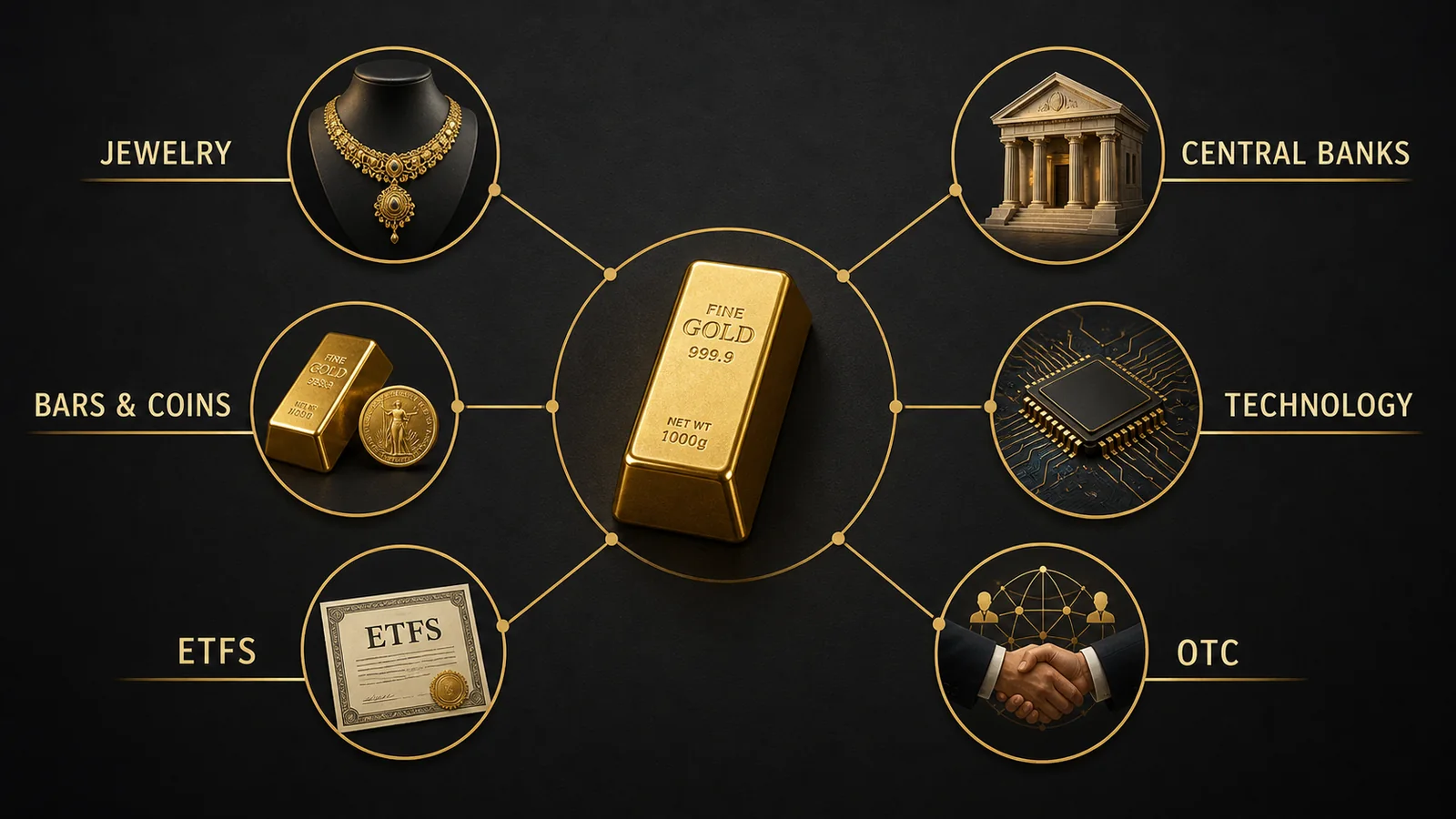 Diagram showing the six main gold demand channels: jewelry, bars and coins, ETFs, central banks, technology and OTC activity