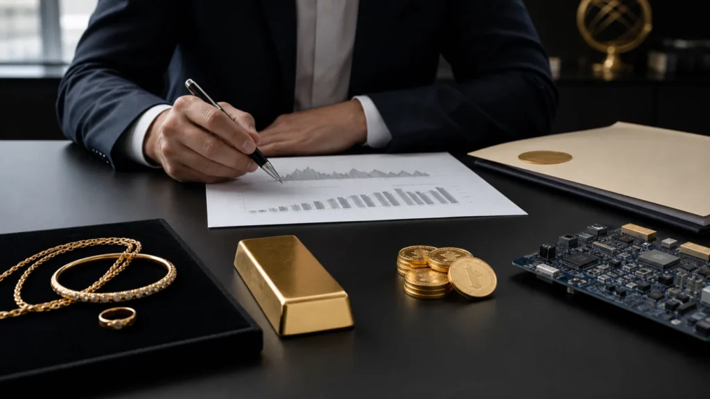 Analyst comparing gold jewelry, bullion bars, coins, electronics and institutional demand