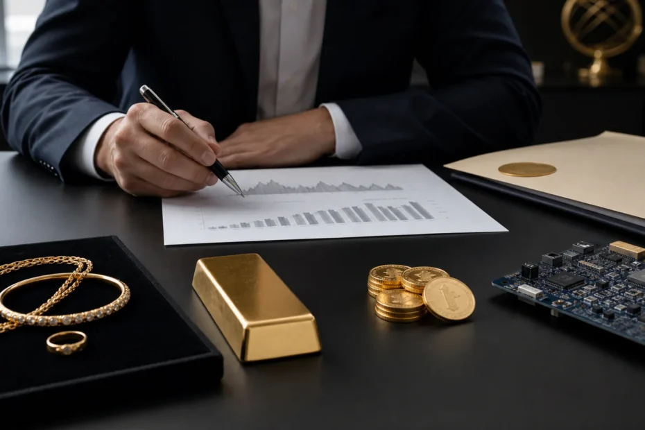 Analyst comparing gold jewelry, bullion bars, coins, electronics and institutional demand