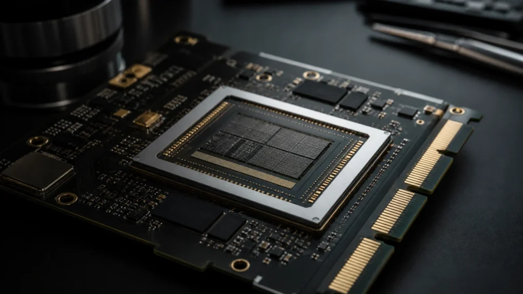 Macro view of an AI accelerator board with realistic gold-plated edge contacts and connector pads