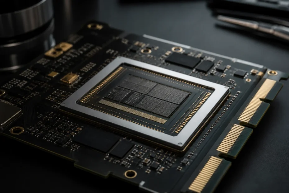 Macro view of an AI accelerator board with realistic gold-plated edge contacts and connector pads