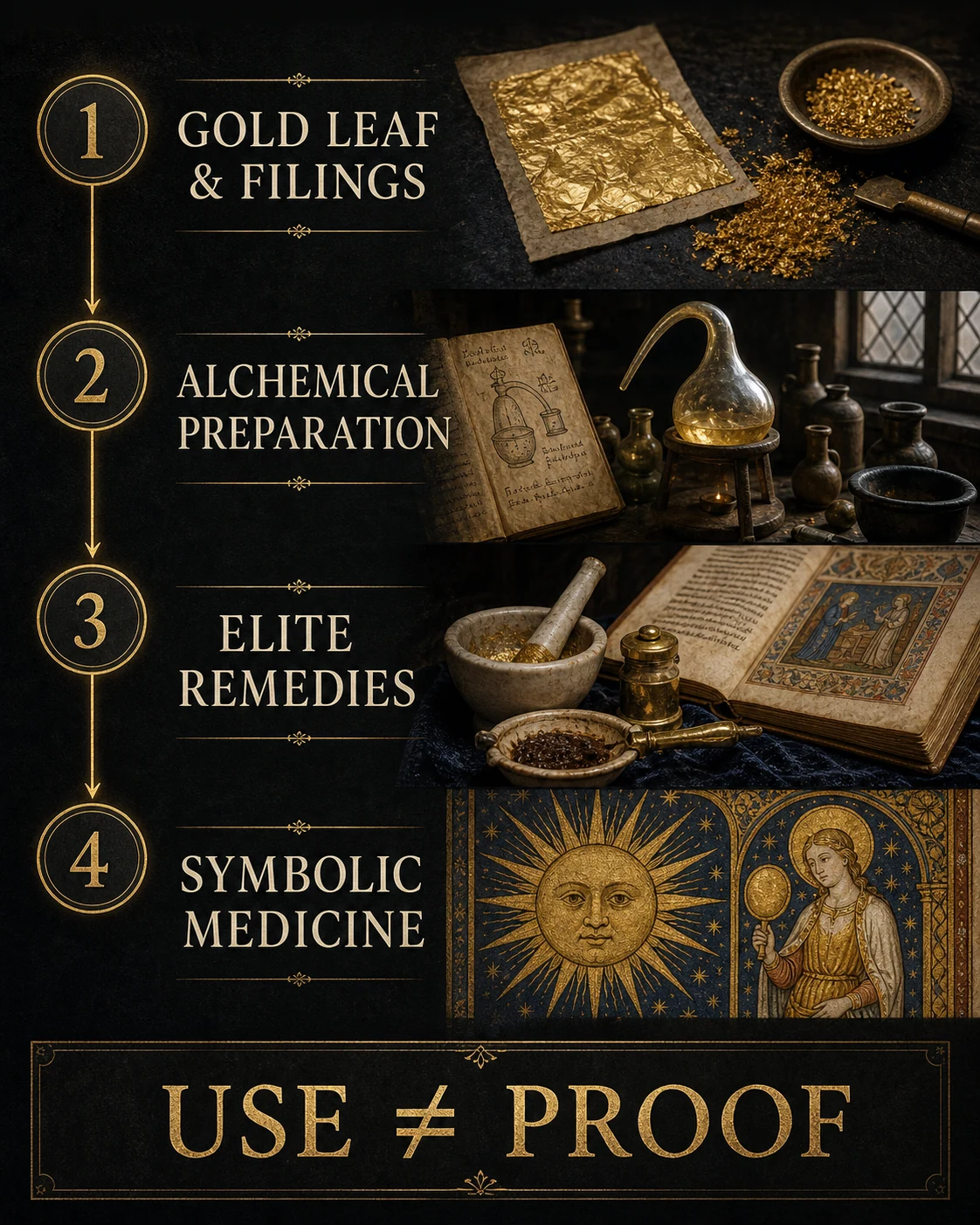 Infographic showing gold leaf and filings, alchemical preparations, elite remedies, symbolic medicine, and the warning that historical use is not proof