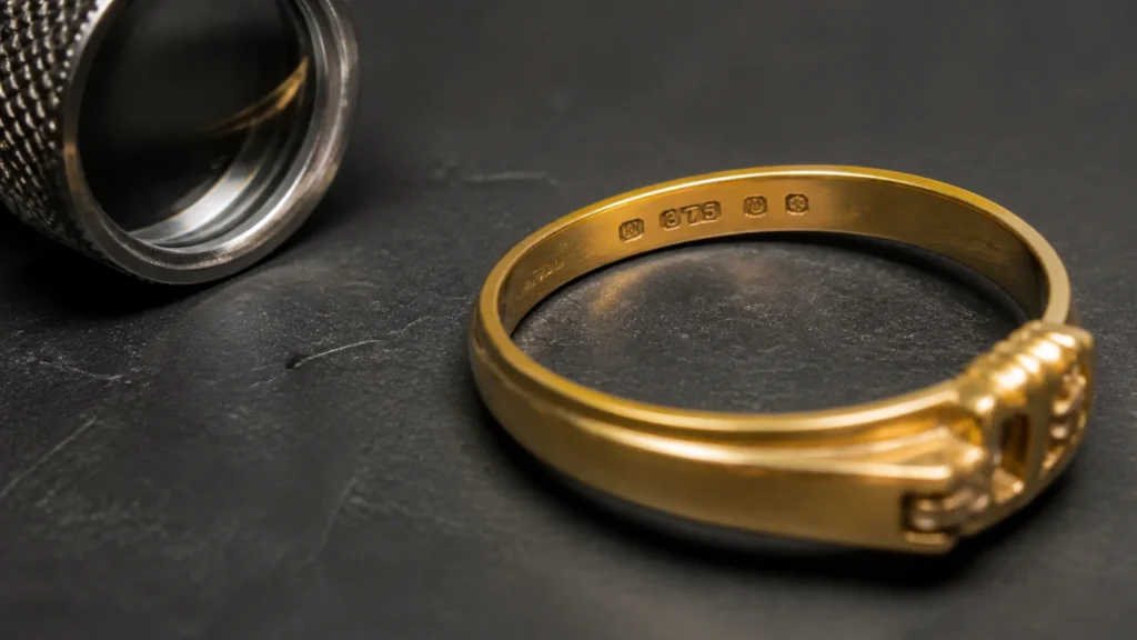 Macro view of a gold ring hallmark under a jeweler’s loupe