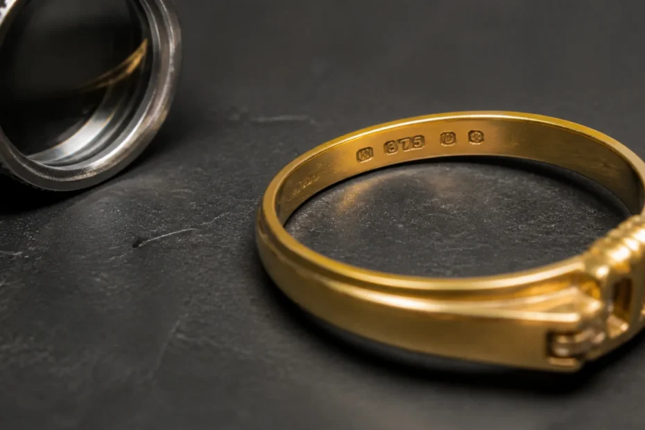 Macro view of a gold ring hallmark under a jeweler’s loupe