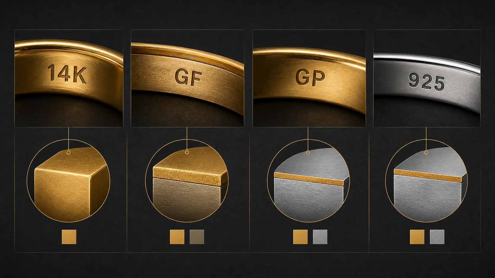 Visual comparison of 14K solid gold, gold-filled, gold-plated, and gold-colored 925 silver construction