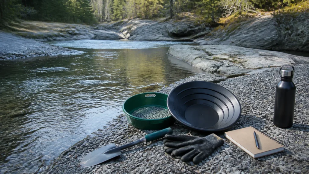 Beginner gold panning tools beside a mountain creek and exposed bedrock