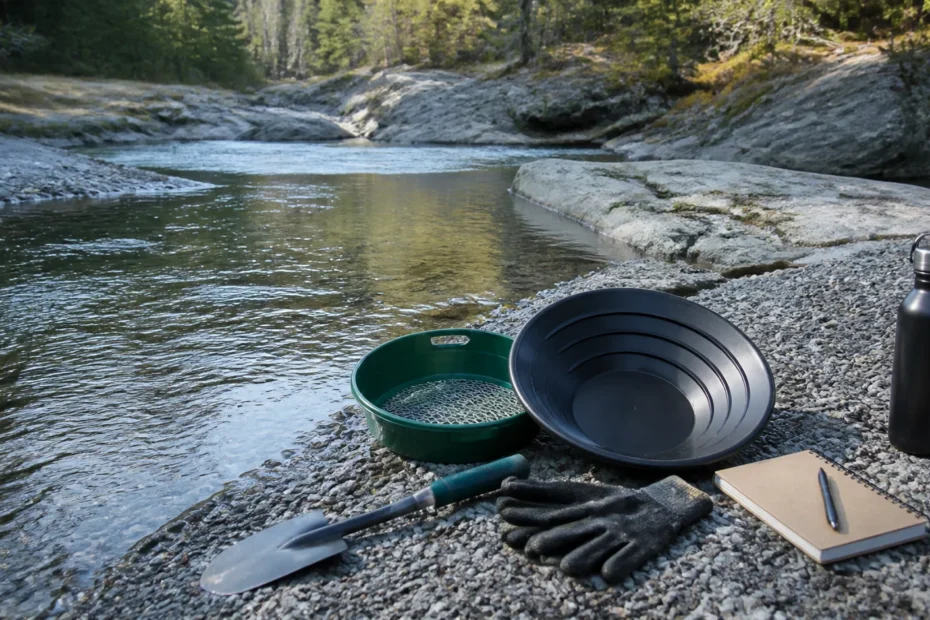 Beginner gold panning tools beside a mountain creek and exposed bedrock