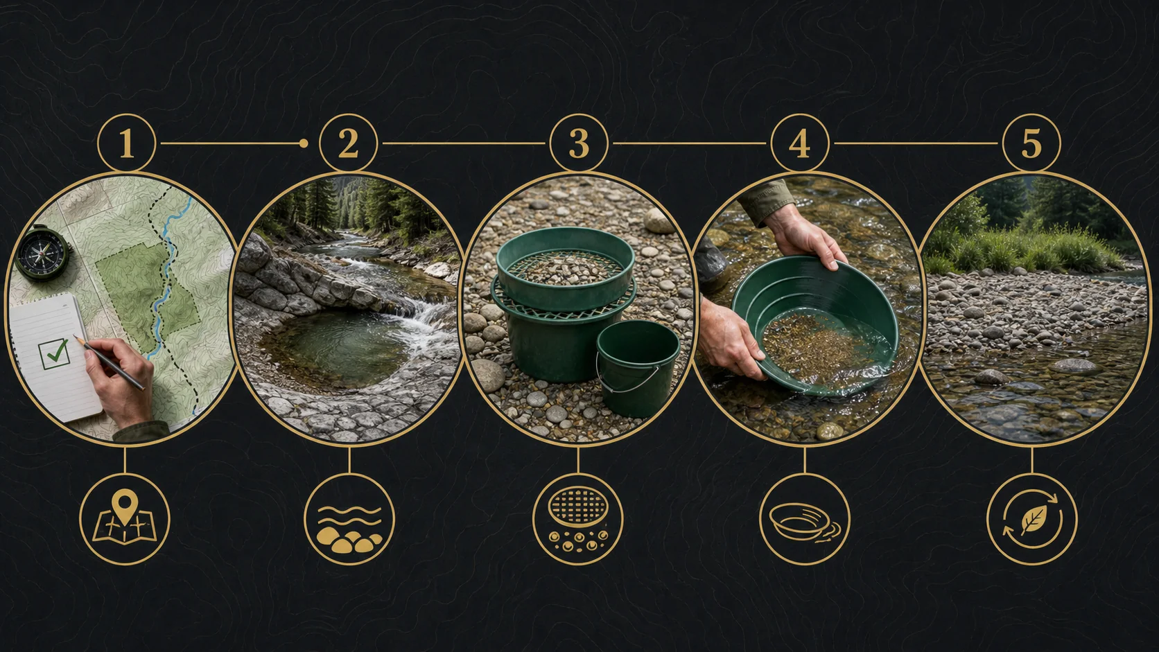 Five-step gold prospecting workflow: verify access, read creek geology, classify gravel, pan gently, and restore the site