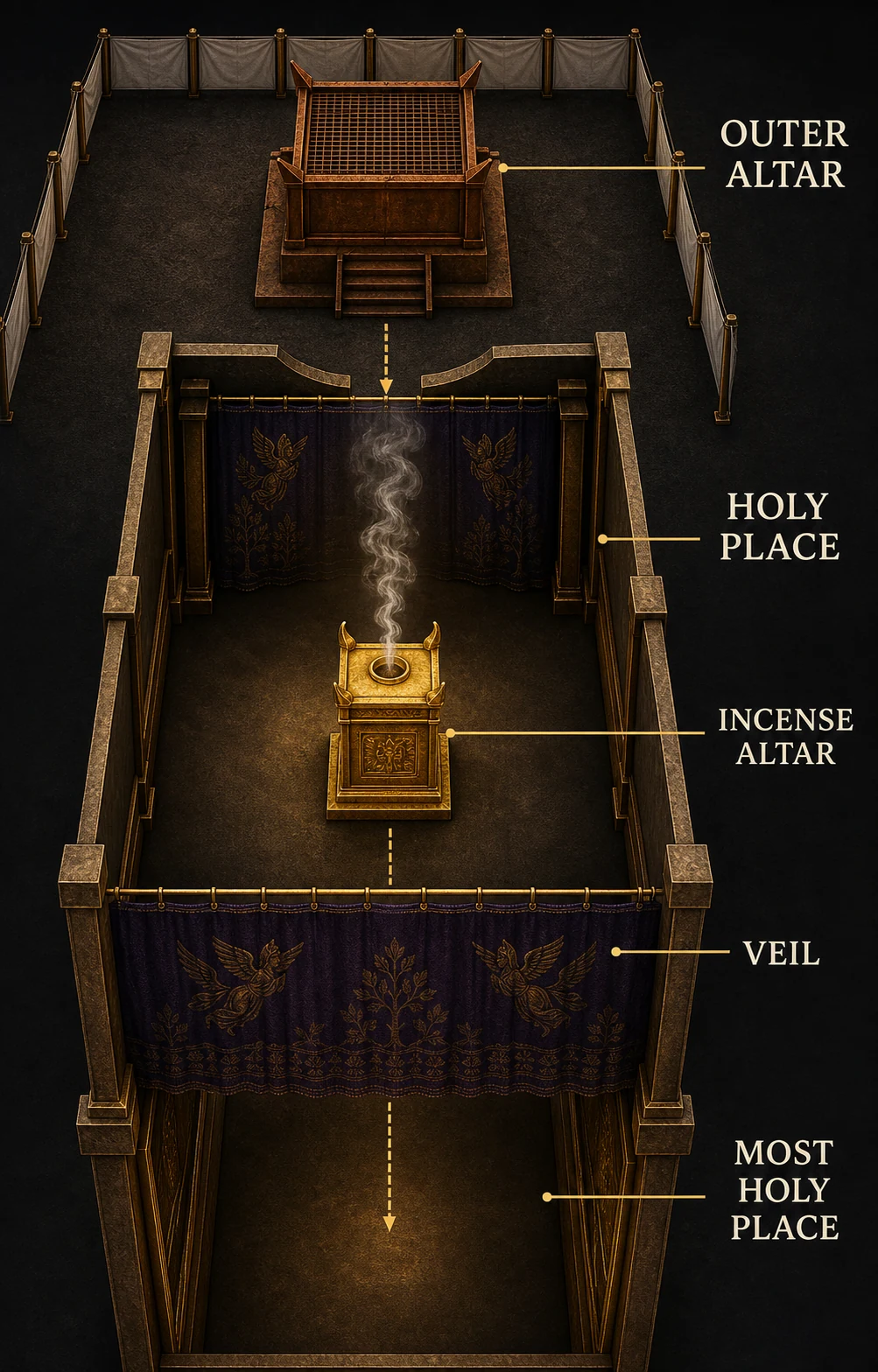 Spatial infographic placing the golden incense altar in the Holy Place before the veil and distinguishing it from the outer altar