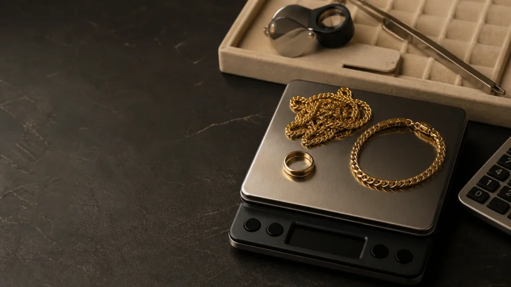 Gold chain, ring, and bracelet being weighed before a gold jewelry sale