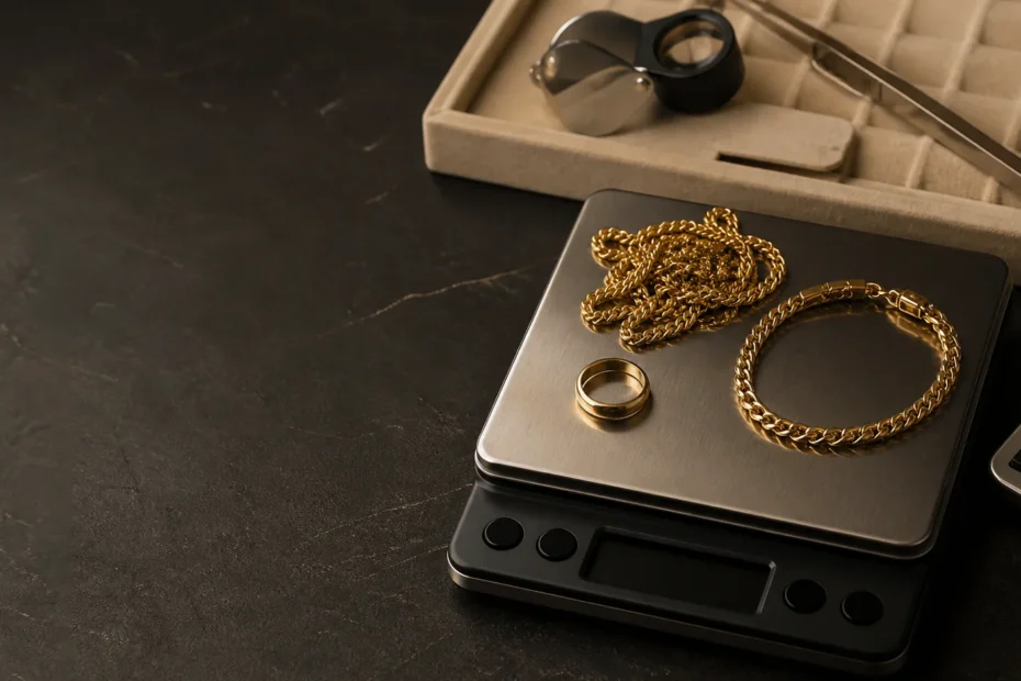 Gold chain, ring, and bracelet being weighed before a gold jewelry sale