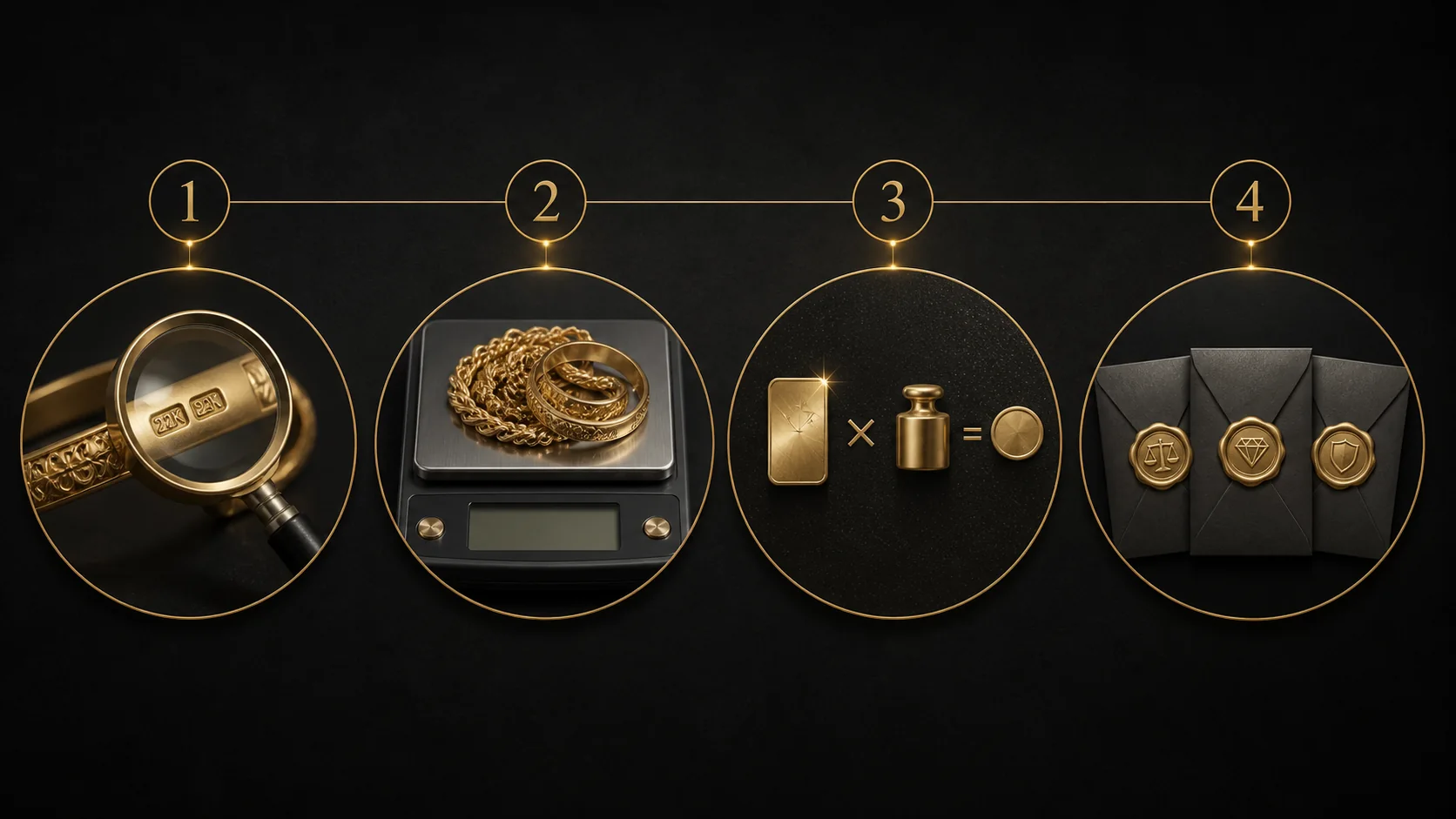 Four-step visual workflow for checking a hallmark, weighing jewelry, estimating melt value, and comparing buyer offers