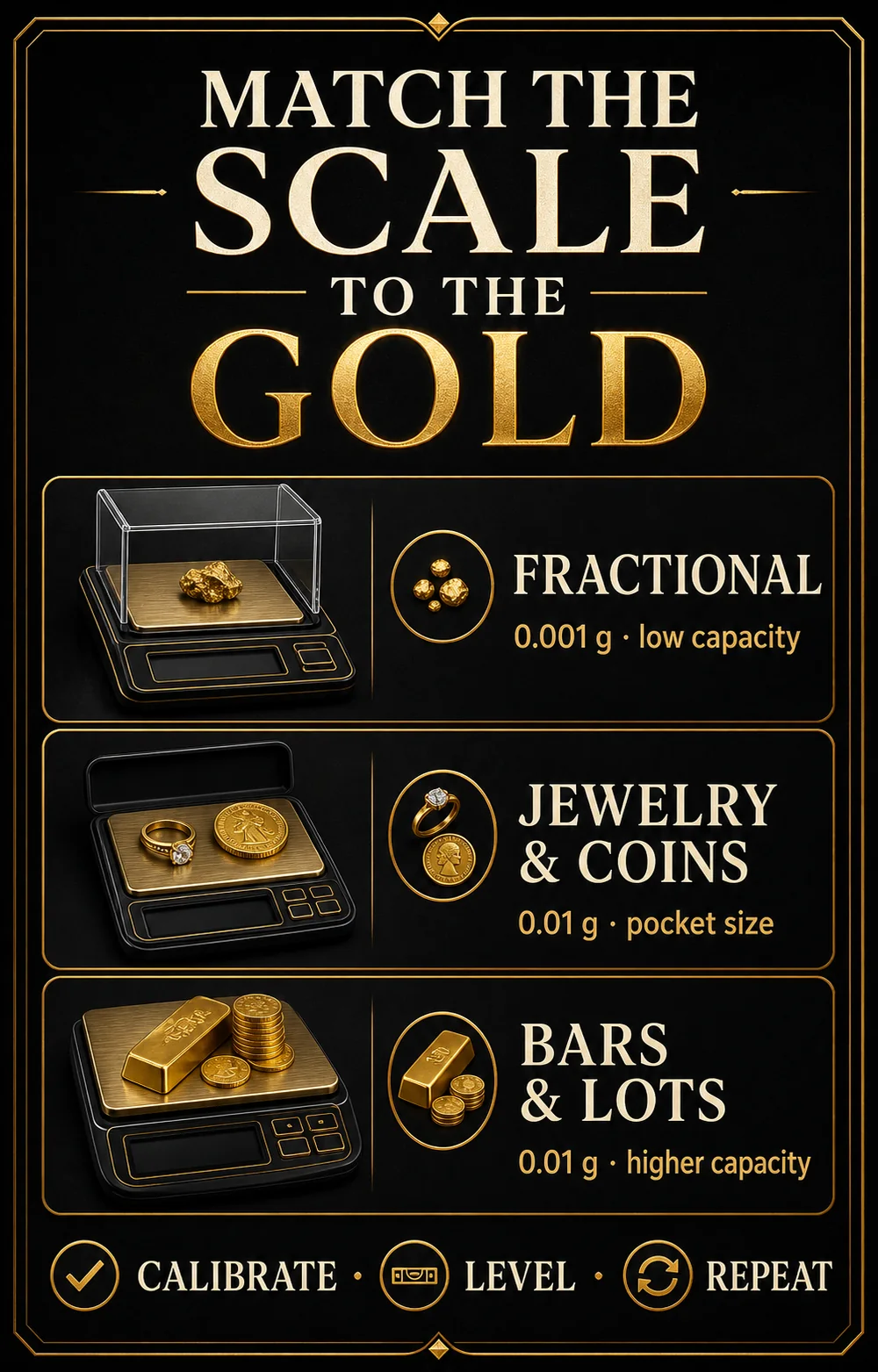 Decision infographic matching scale readability and capacity to fractional gold, jewelry, coins, bars and lots